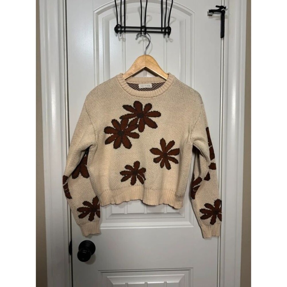 LA Hearts Floral Thick Cropped Crewneck Sweater Cream Brown Boho Small